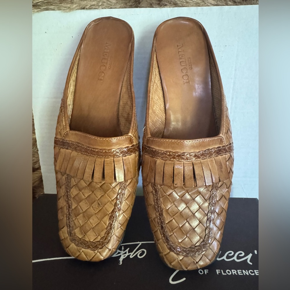 Sesto Meucci Woven Brown Leather Slip-in Loafers Flat Clogs Size 9.5” Italy Made